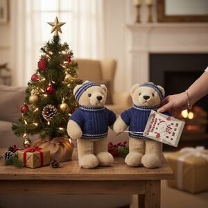 Vintage Carousel by Guy Teddy Bear Pair 1985 Blue Sweater Hat w Advent Calendar